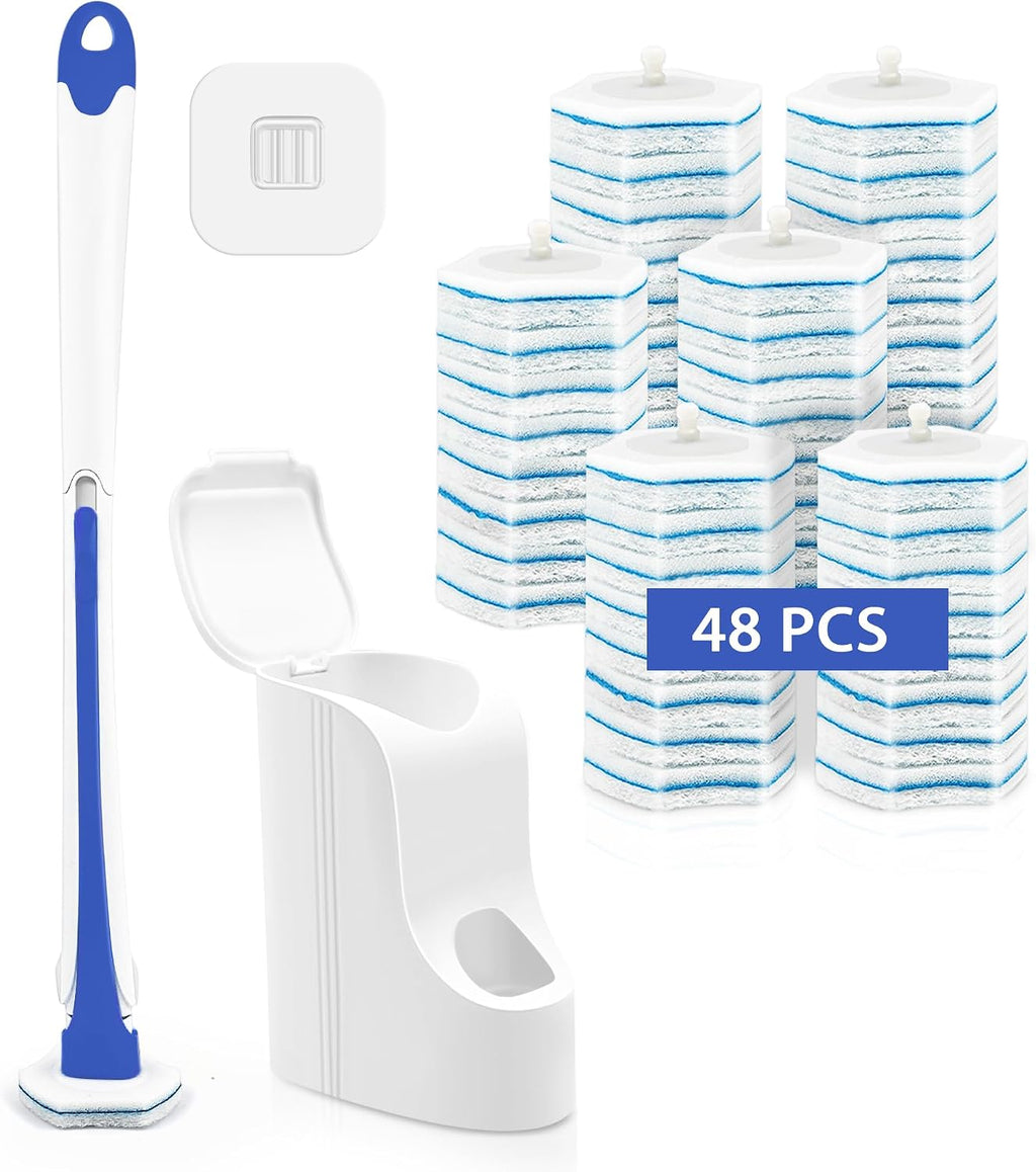 JEHONN Disposable Toilet Brush with 48 Wand Cleaner Refills, Wall Mounted Toilet Bowl Brush Holder Set, Bathroom Cleaning System for Sink Bathtub Wash Basin (Blue)