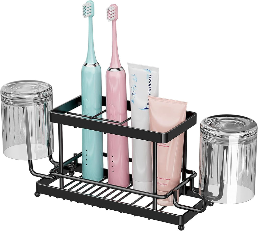 Toothbrush Holder, Wall Mount & Countertop, 2 Cup Hooks Black Metal