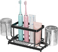 Toothbrush Holder, Wall Mount & Countertop, 2 Cup Hooks Black Metal