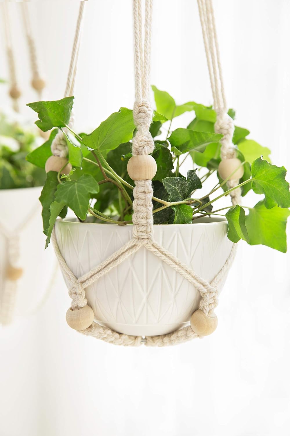 Mkono 3 Pack Macrame Plant Hangers Hanging Planters for Indoor Plants Ivory