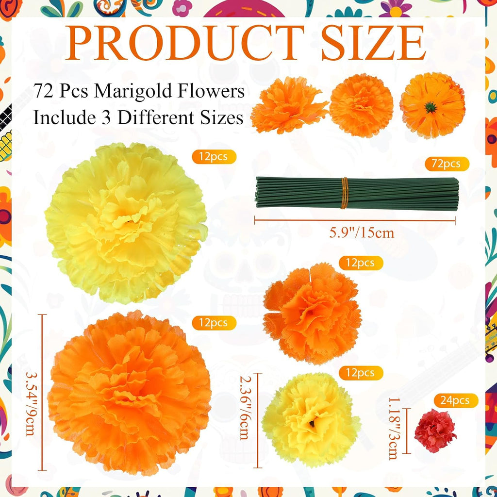 Daifunli 72 Pcs Day of The Dead Artificial Marigold Flowers, Three Color