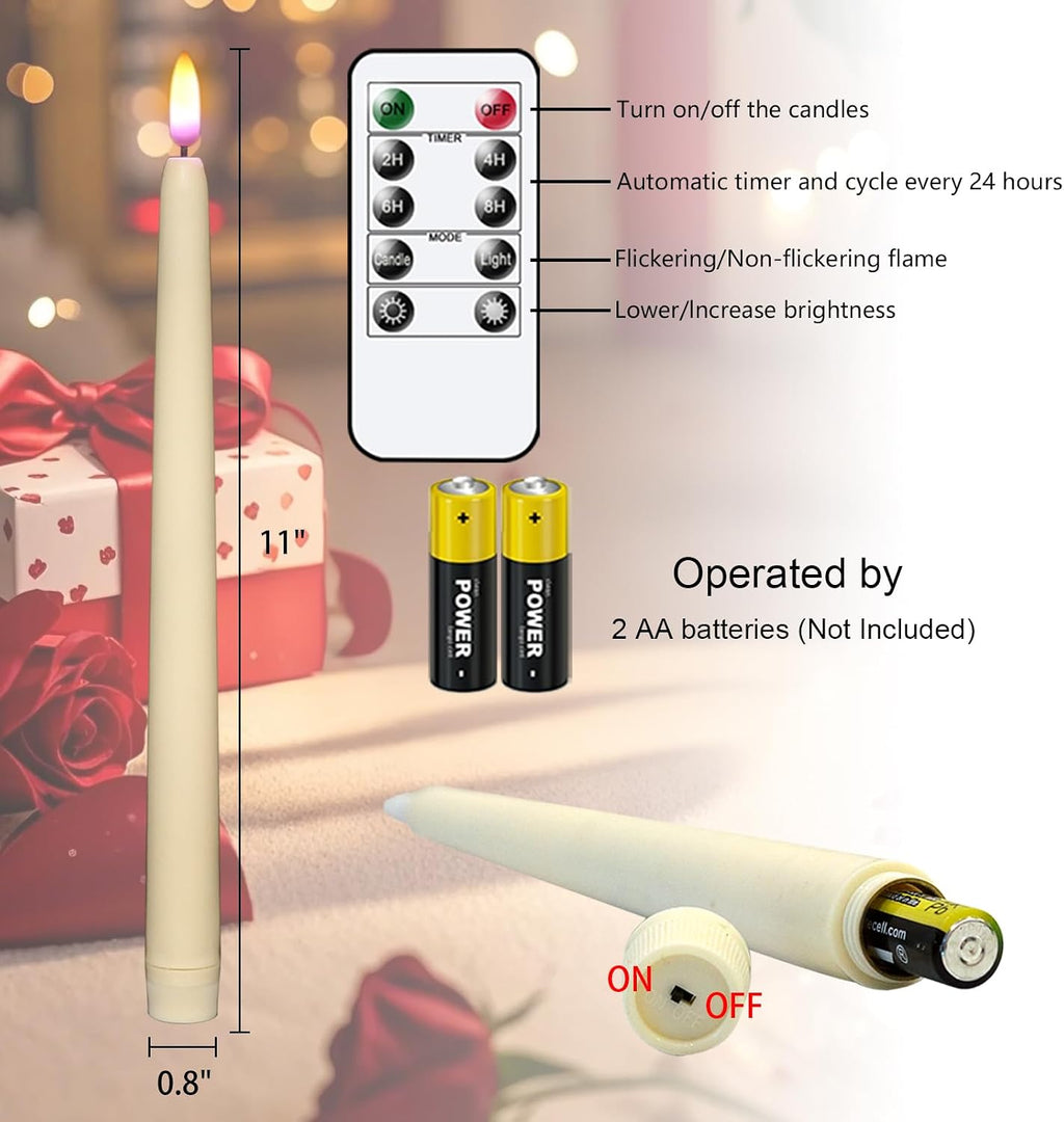 Wondise Real Wax Tall Flameless Taper Candles with Remote Timer
