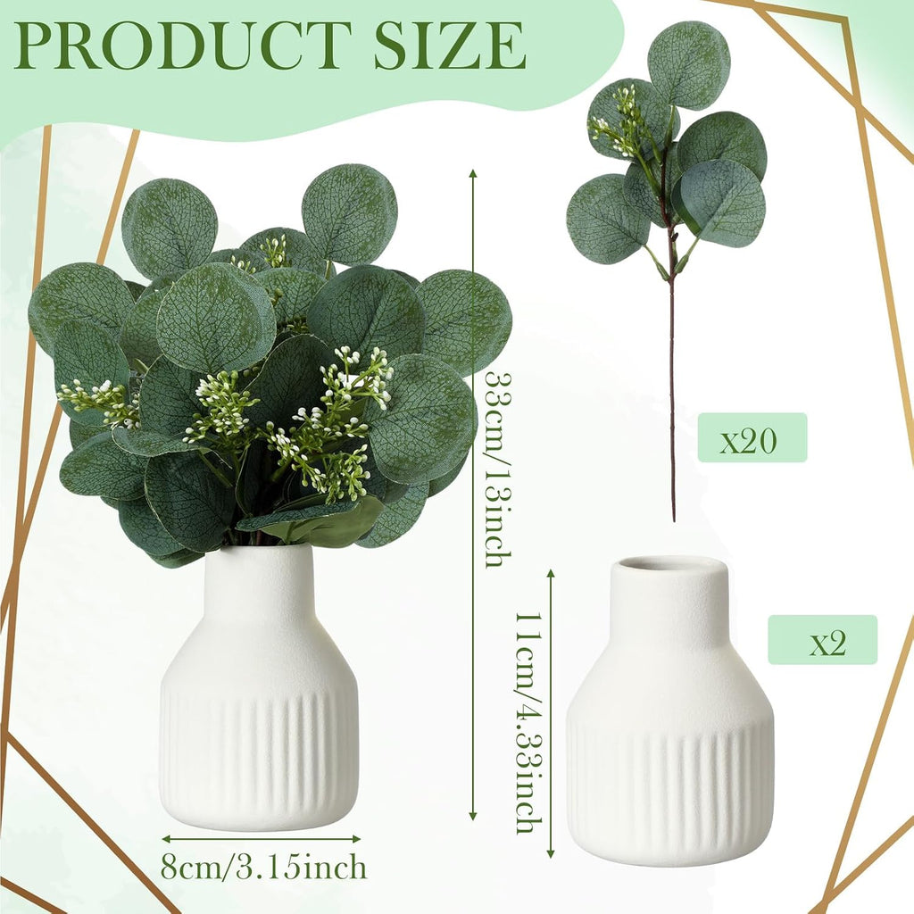 LemonRoad 2 Pack Artificial Eucalyptus Stem in Small Ceramic Vase 13" Fake Greenery Plants for Home Decor 20 Pcs Modern Indoor Fake Eucalyptus Stem for Table Centerpiece Living Room Bathroom