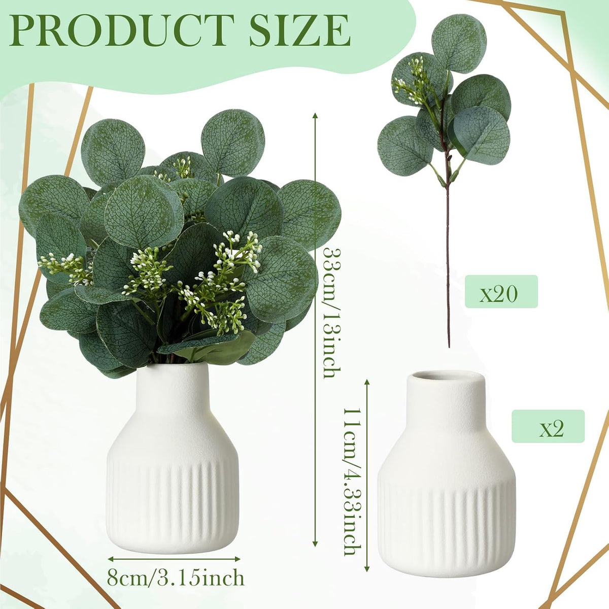 LemonRoad 2 Pack Artificial Eucalyptus Stem in Small Ceramic Vase 13" Fake Greenery Plants for Home Decor 20 Pcs Modern Indoor Fake Eucalyptus Stem for Table Centerpiece Living Room Bathroom