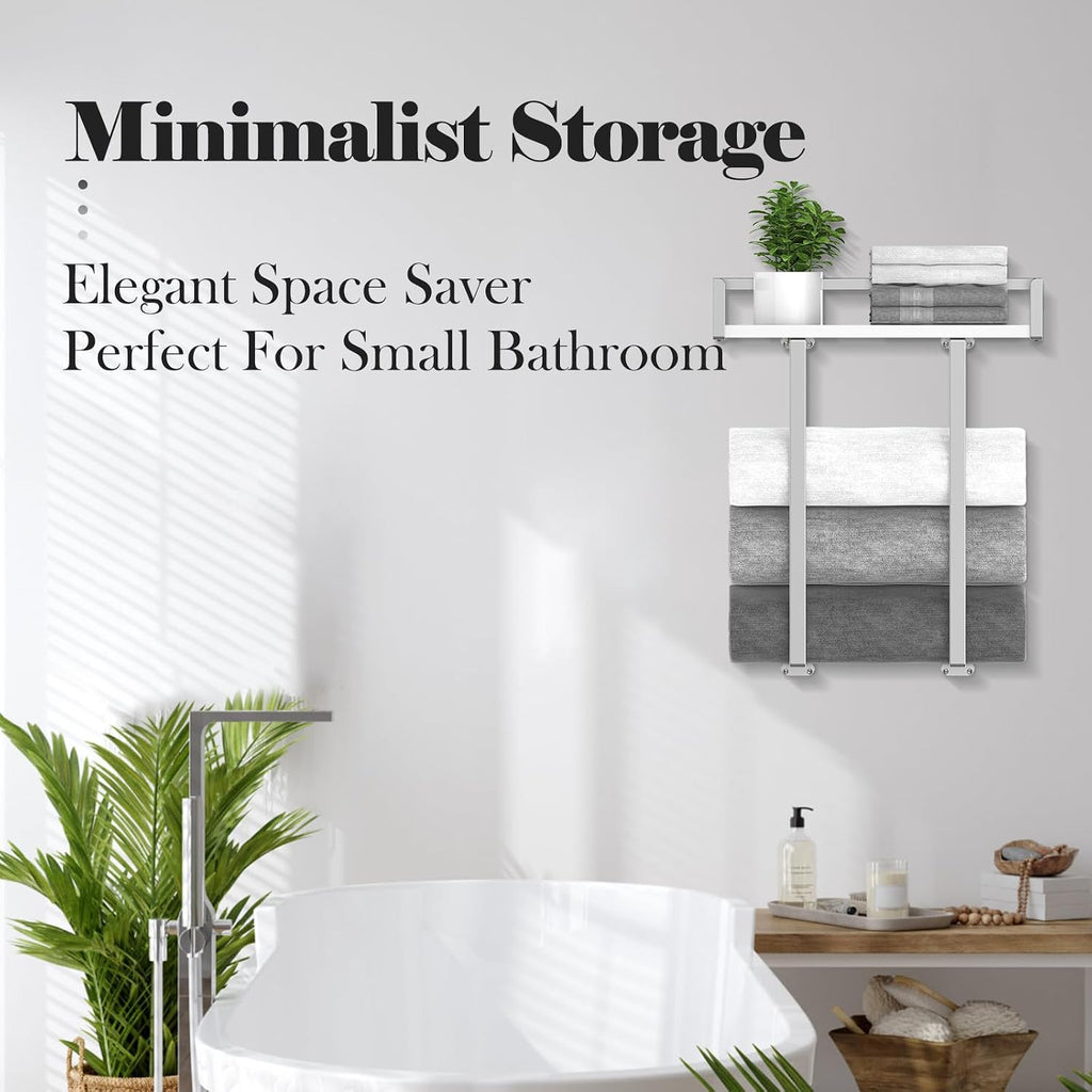 Towel Rack Wall Mounted, Xstydes Metal Towel Holder with Wooden Shelf for Folding Large Towels, Towel Storage for Small Bathroom Organizer Decor or RV Camping, Silver