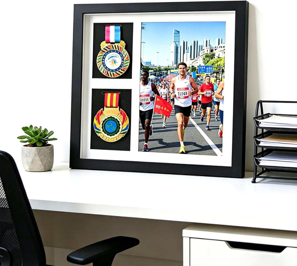 Black A4 Medal Shadow Box Frame 2 Medals Photos Marathon Military Display