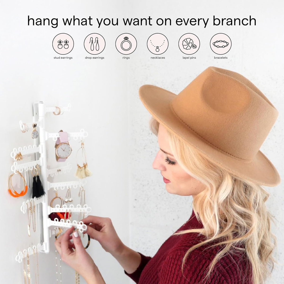 12-Tier Hanging Wall Jewelry Organizer, Earring,Necklace,Ring Holder-White