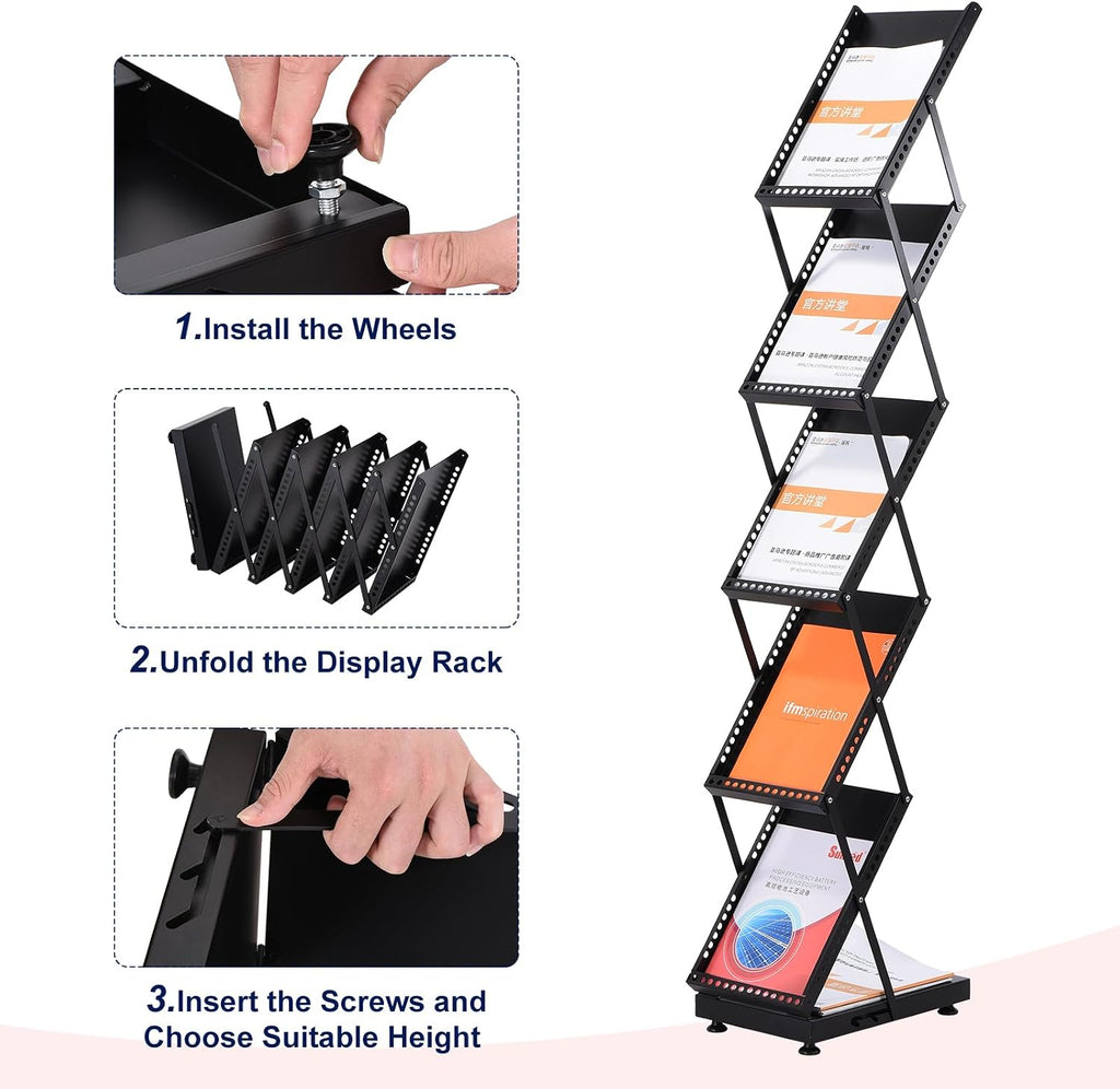 PATIKIL Foldable Magazine Display Racks Floor Standing 5 Layers Brochure Stand Catalog Literature Holder with Wheels for Hotel, Exhibition, Trade Show, Office