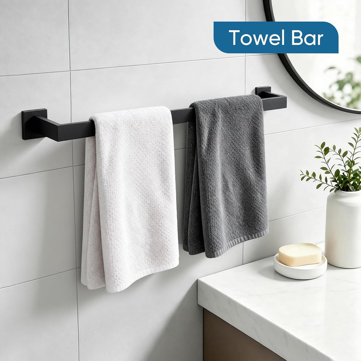 VELIMAX Mattle Black Towel Bar, SUS304 Stainless Steel Bathroom Hardware Set, Towel Racks for Bathroom Wall Mounted 24-Inches