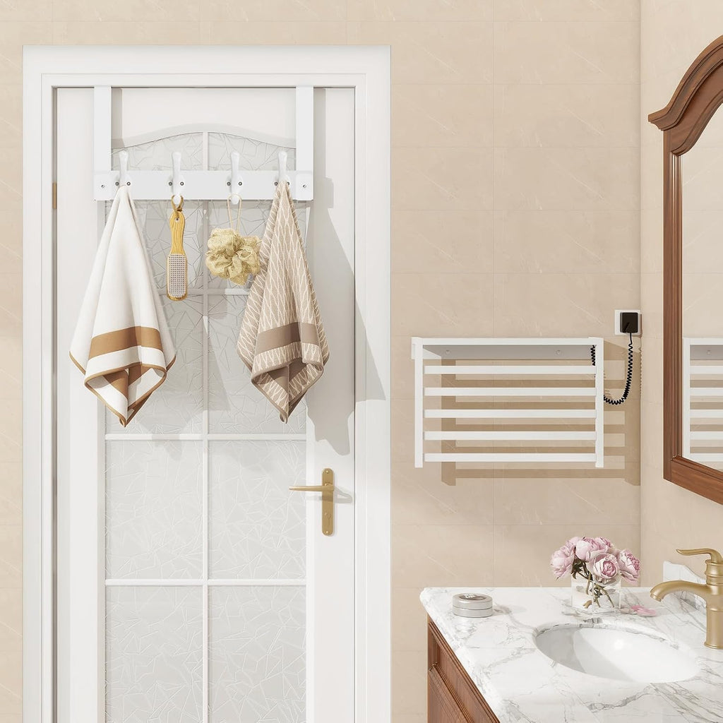 Homode Over The Door Hooks Heavy Duty, Wood Over Door Hanger Hook, Over Door Towel Rack with Coat Hooks for Hanging Towels Clothes Hats Bags, Back of Bathroom Door, White