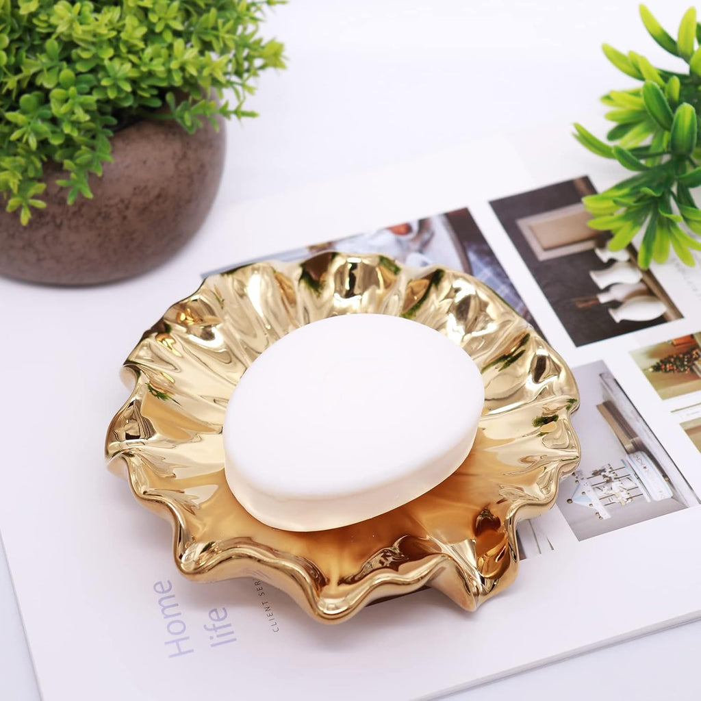 Lotus Leaf Soap Dish Gold Ceramic Soap Holder Self Draining Soap Dish Waterfall Slot Sponge Holder Bathroom Accessories for Bathroom, Kitchen,Bar Counter.