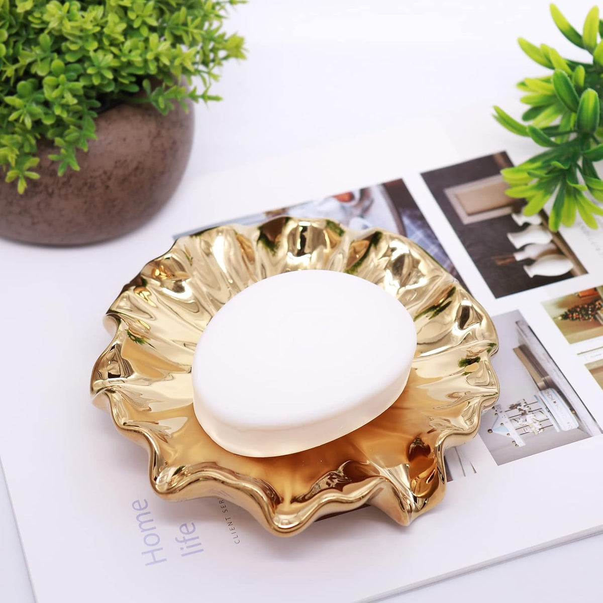 Lotus Leaf Soap Dish Gold Ceramic Soap Holder Self Draining Soap Dish Waterfall Slot Sponge Holder Bathroom Accessories for Bathroom, Kitchen,Bar Counter.