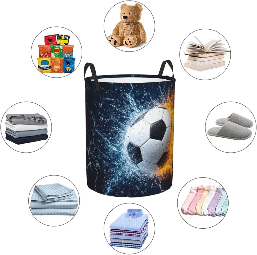 Soccer Ball In Fire And Water Round Laundry Hamper Sport Football Storage Basket Toys Clothes Organizer Bin For Home Bathroom Bedroom Dorm Nursery, 38l