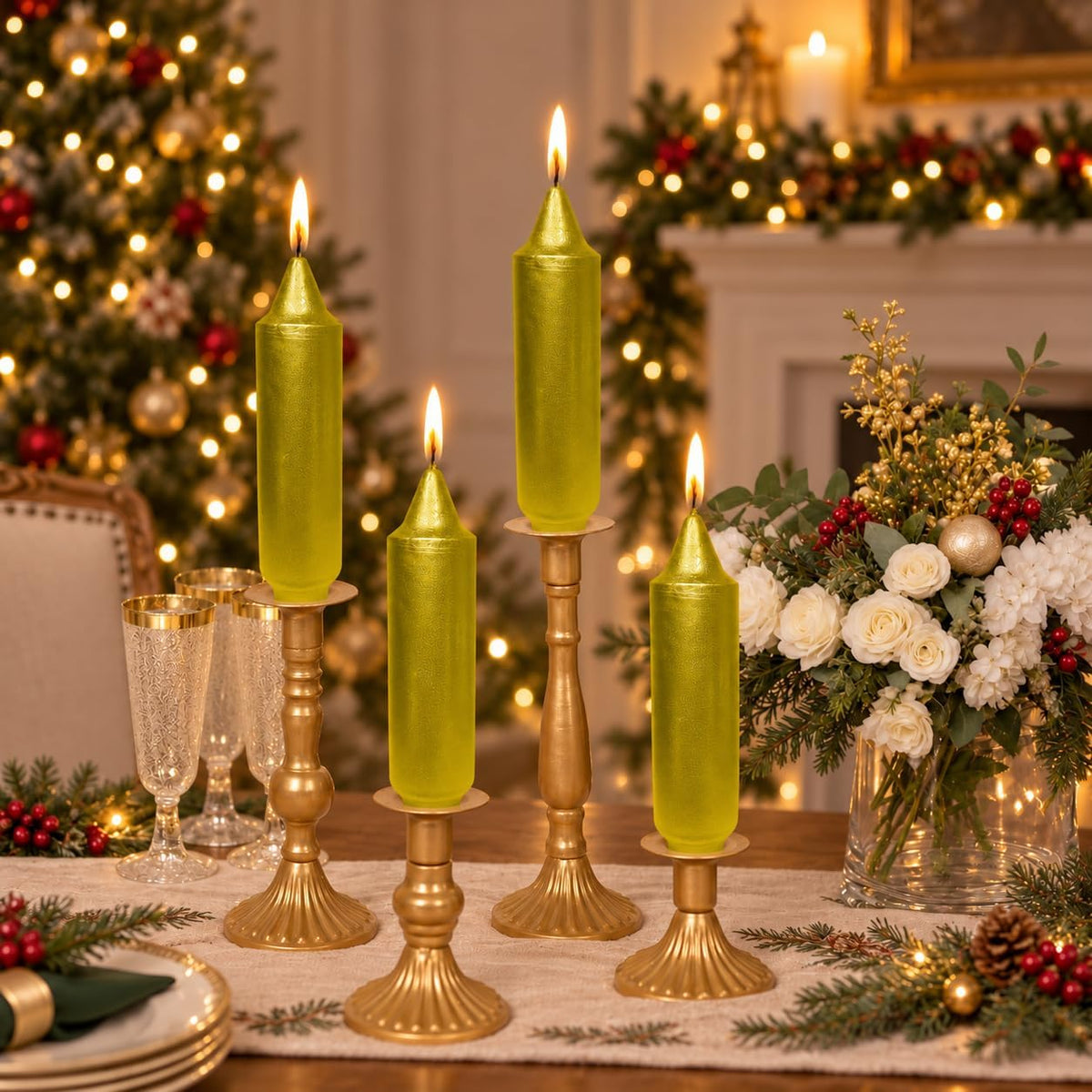 Gold Short Taper Candle Candle Sticks, 5 Inch Mini Pillar Candles, 4PCS Handmade Unscenteds Candlesticks for Holidays Church Christmas Celebration Party Decor