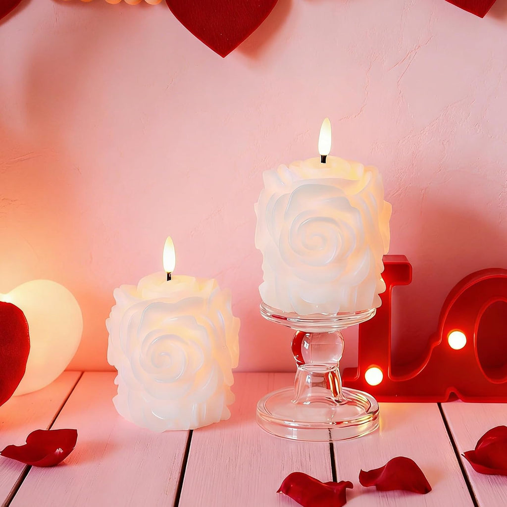 JOIONE Valentines Day White Rose Flameless LED Candles with Remote, 2 Pack