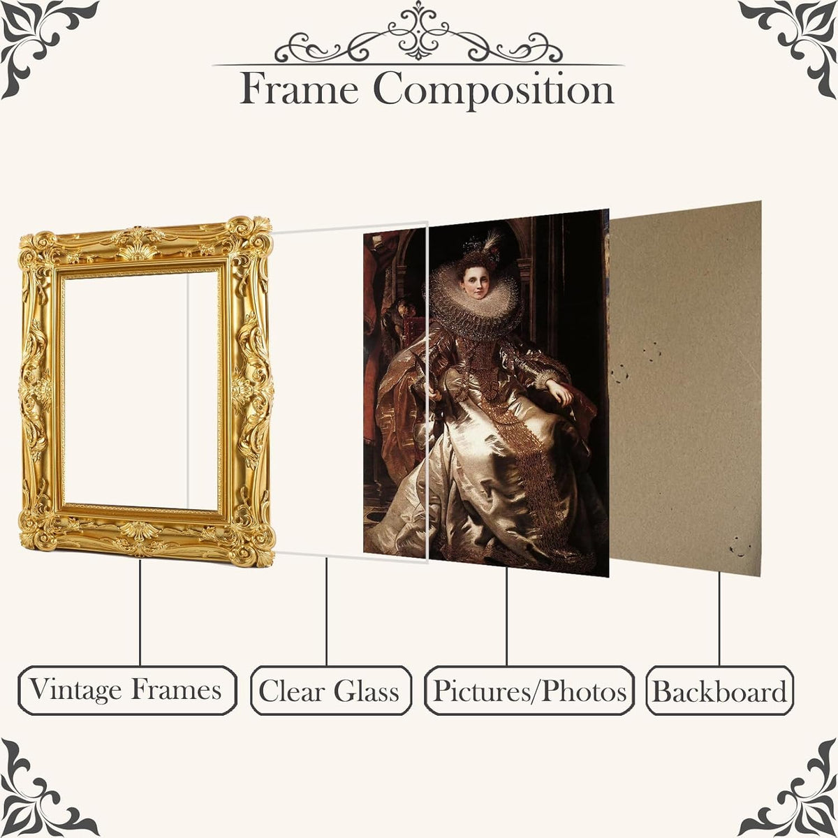 5x7 Vintage Picture Frames Ornate Gold Antique Picture Frames 5x7 photo frame with Front Glass for Wall Hanging and Tabletop Unique Home Decor Wall Decor Living Room Victorian Style