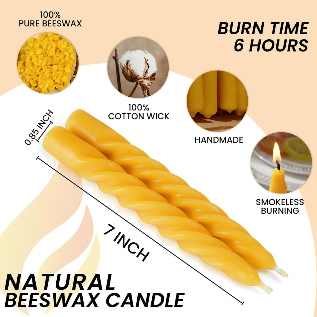 16PCS 7-Inch Pure Beeswax Spiral Taper Candles, Natural Raw, Dripless