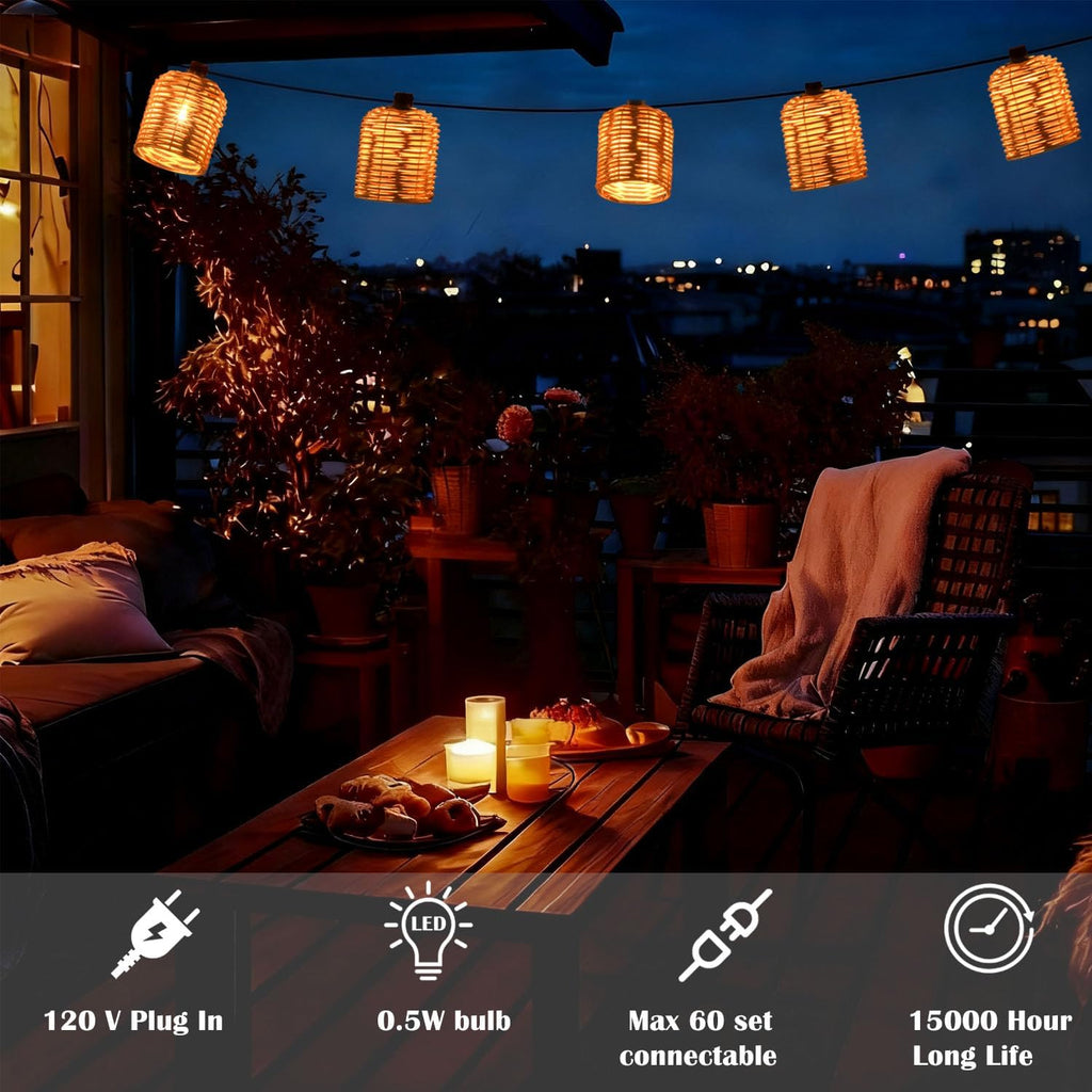 13FT Natural Rattan String Lights, 10 Decorative Lanterns Lights, Natural