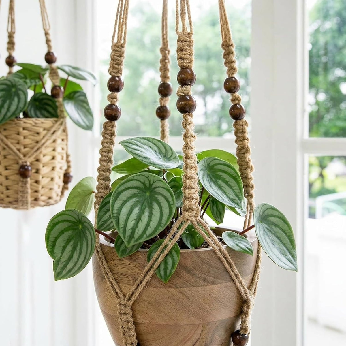 Macrame Plant Hanger 3 Pack, Jute Hanging Planter Holder Set, Brown, 35/29/23 in,with 3 Ceiling Hooks and 3 S Hooks,Suitable for Indoor and Outdoor Home Decor (Pots and Plant Not Included)