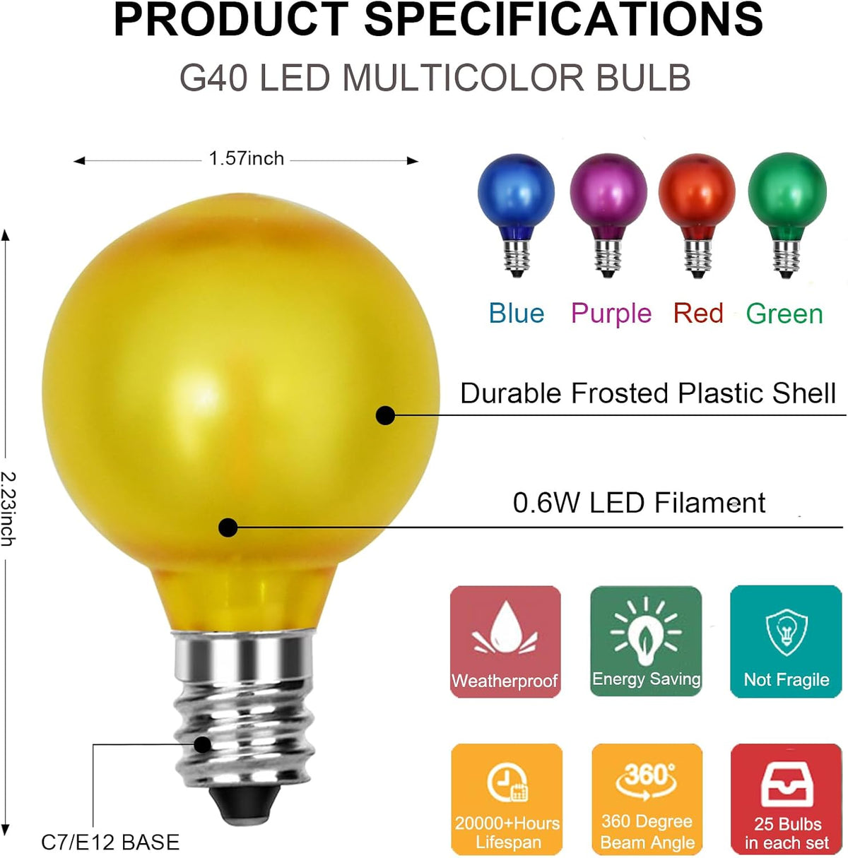 SUNSGNE 25 Pack G40 LED Christmas Replacement Globe Light Bulbs, Colored Christmas Round Lights with E12 Candelabra Base for Outdoor Indoor Decor- Frosted Multicolor- 0.6 Watt