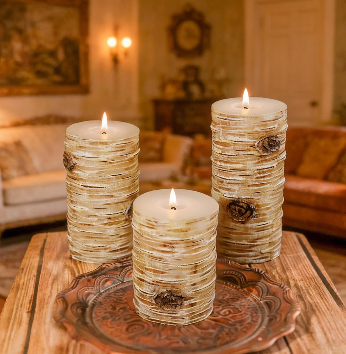 Birch Bark Pillar Candle Set of 3, Real Wax Fireplace Decor Candles
