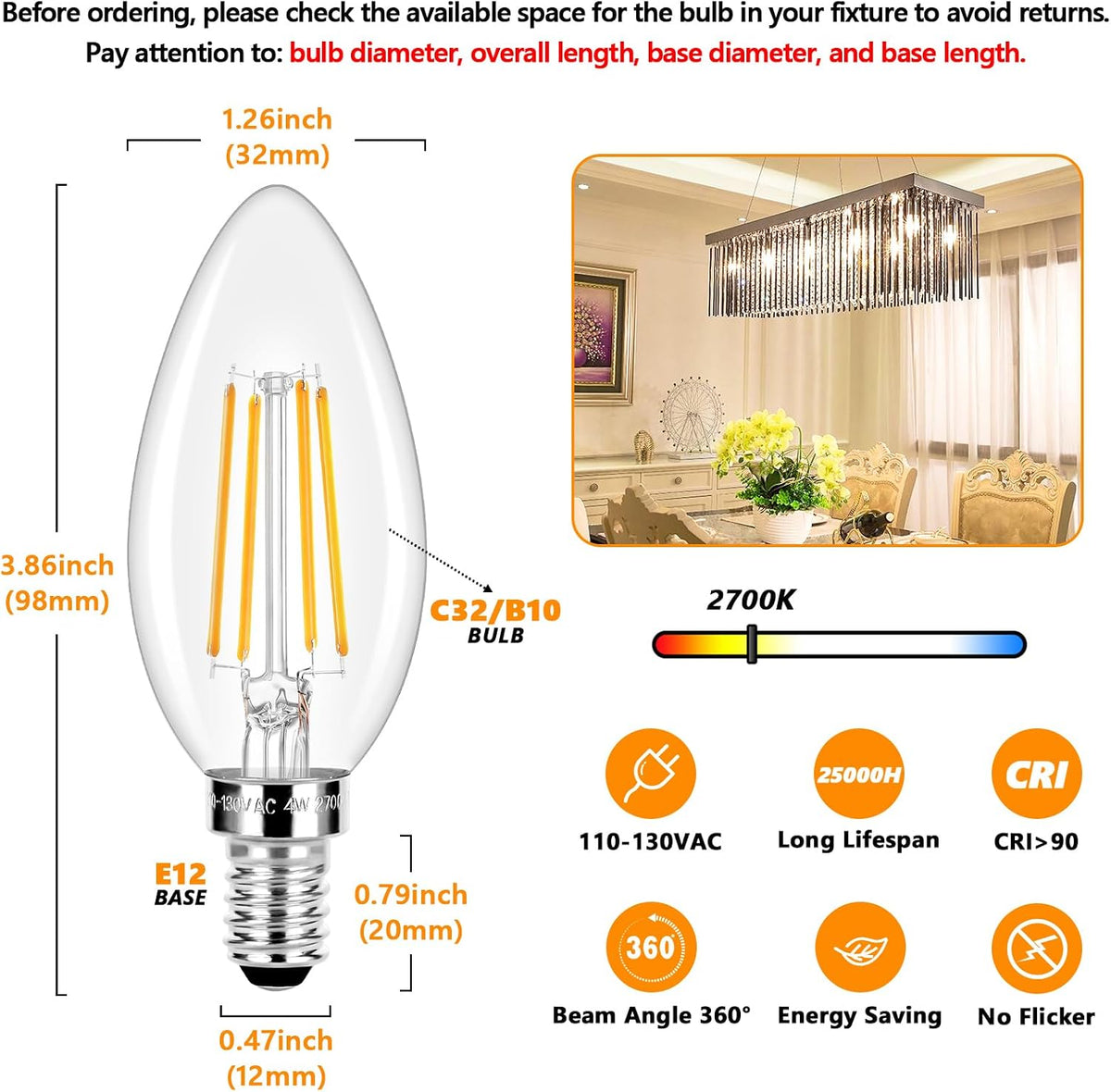 E12 LED Candelabra Bulbs 40 Watt Equivalent, 4W Vintage Candle Light Bulbs Dimmable, 470Lm Warm White 2700K B10 Edison Bulb, Filament Clear Glass Lamp Bulb for Chandelier Ceiling Fan (5 Packs)