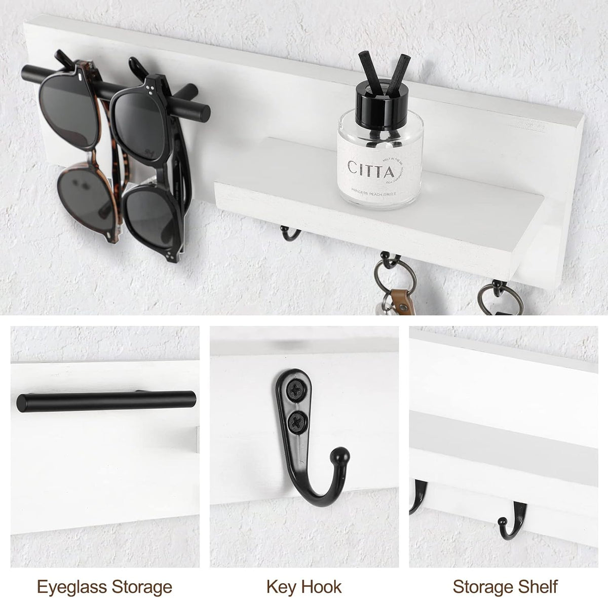 Key Holder for Wall, Decorative Entryway Shelf with Hooks Holds Keys, Dog Leash, Sunglasses – Key Hanger with 3 Hooks Organizes, Enhances Home Decor (15” x 4.5” x 2.6”) (White)