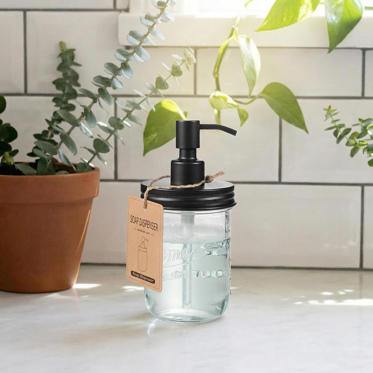 SheeChung 16oz Mason Jar Soap Dispenser, Black Stainless Steel Pump, 2 Pack