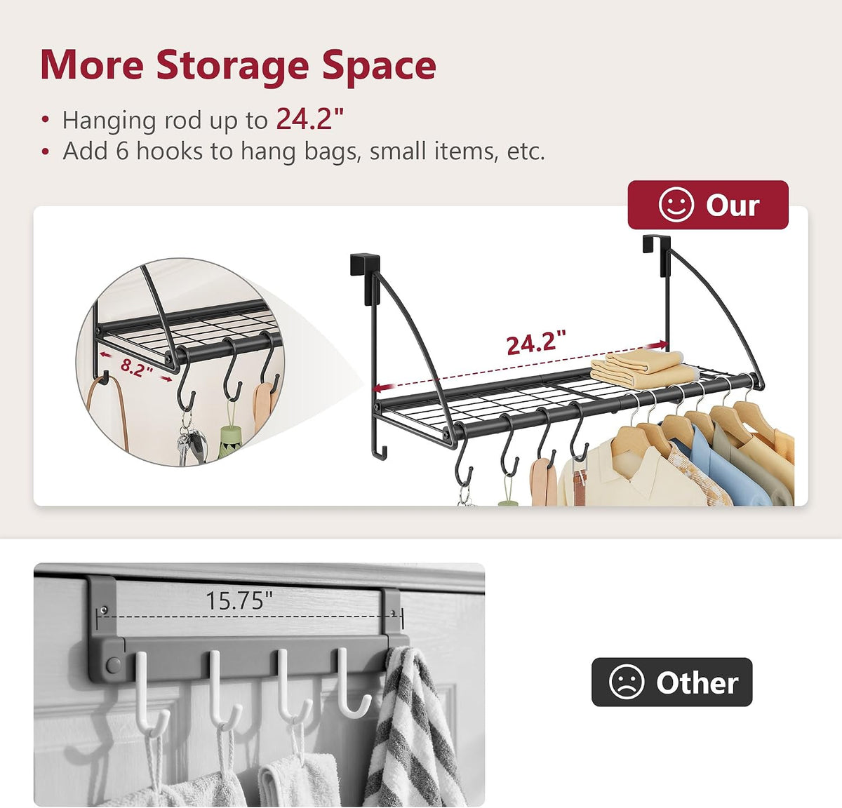 Tajsoon 24.2" Over the Door Hooks with Storage Rack, Over Door Hanger Black