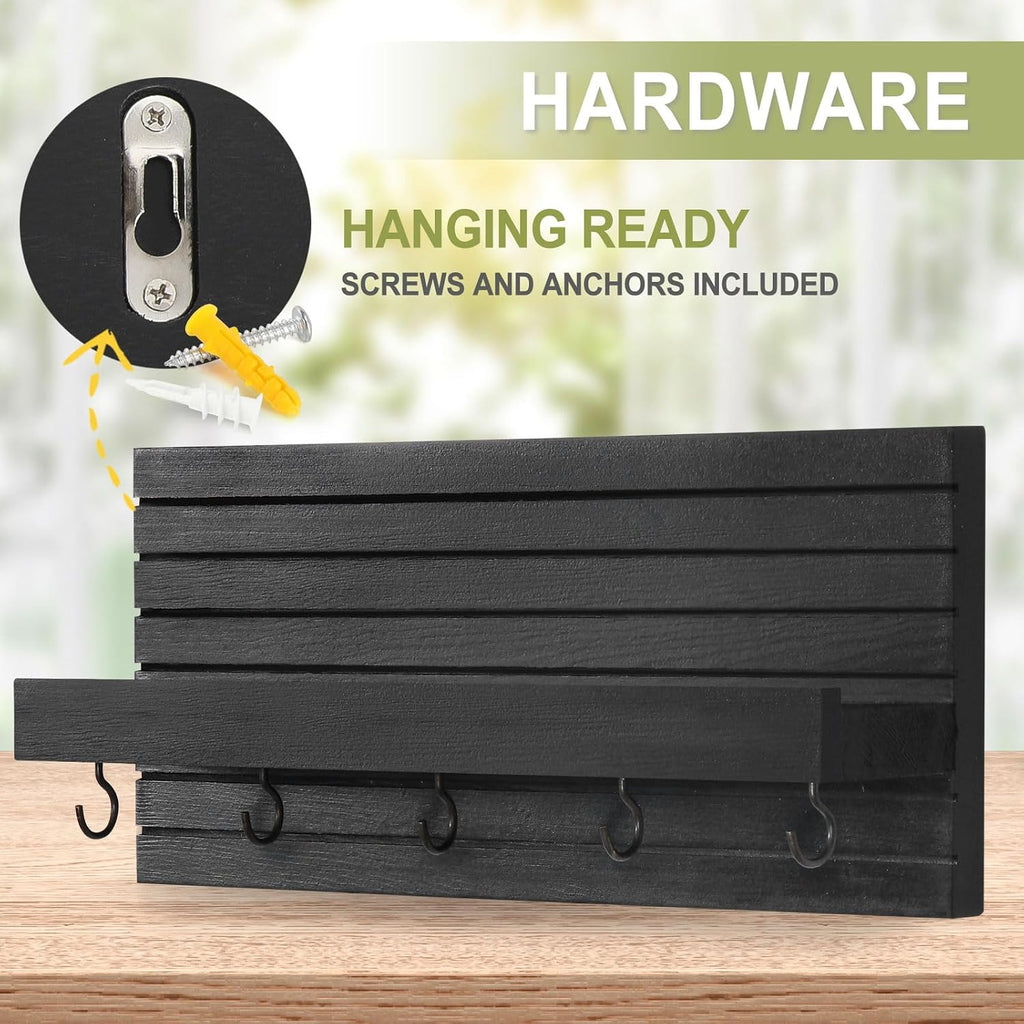 Lwenki Decorative Key Holder for Wall with Shelf, Entryway Shelf with Hooks Holds Leashes, Jackets and Glasses – Sturdy Wood Keyholder Entrance Hanger with Mounting Hardware (Black, Medium)