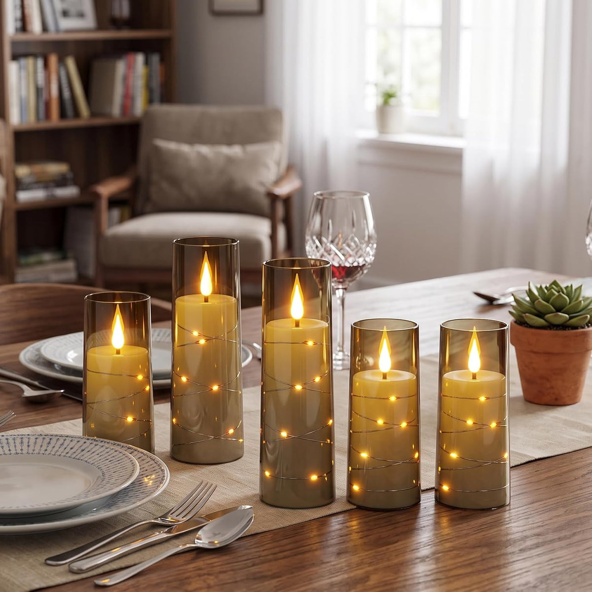Rechargeable Flameless Candles String Light Battery Operated 2 Remote Black