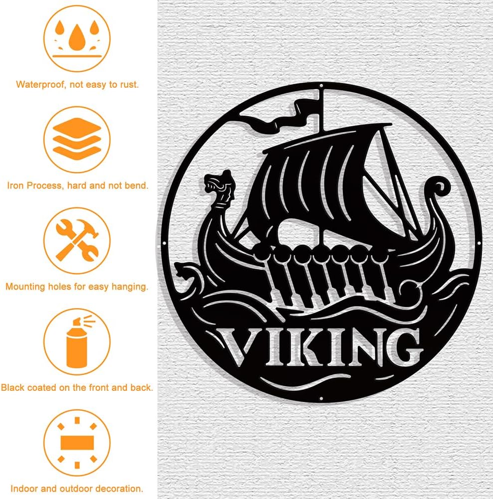 NBEADS Viking Boat Metal Wall Art Decor, Round Matte Black Wall Hanging Decor Silhouette Wall Art for Home Bedroom Living Room Bathroom Kitchen Office Hotel Wall Decoration, 11.8"(30cm)