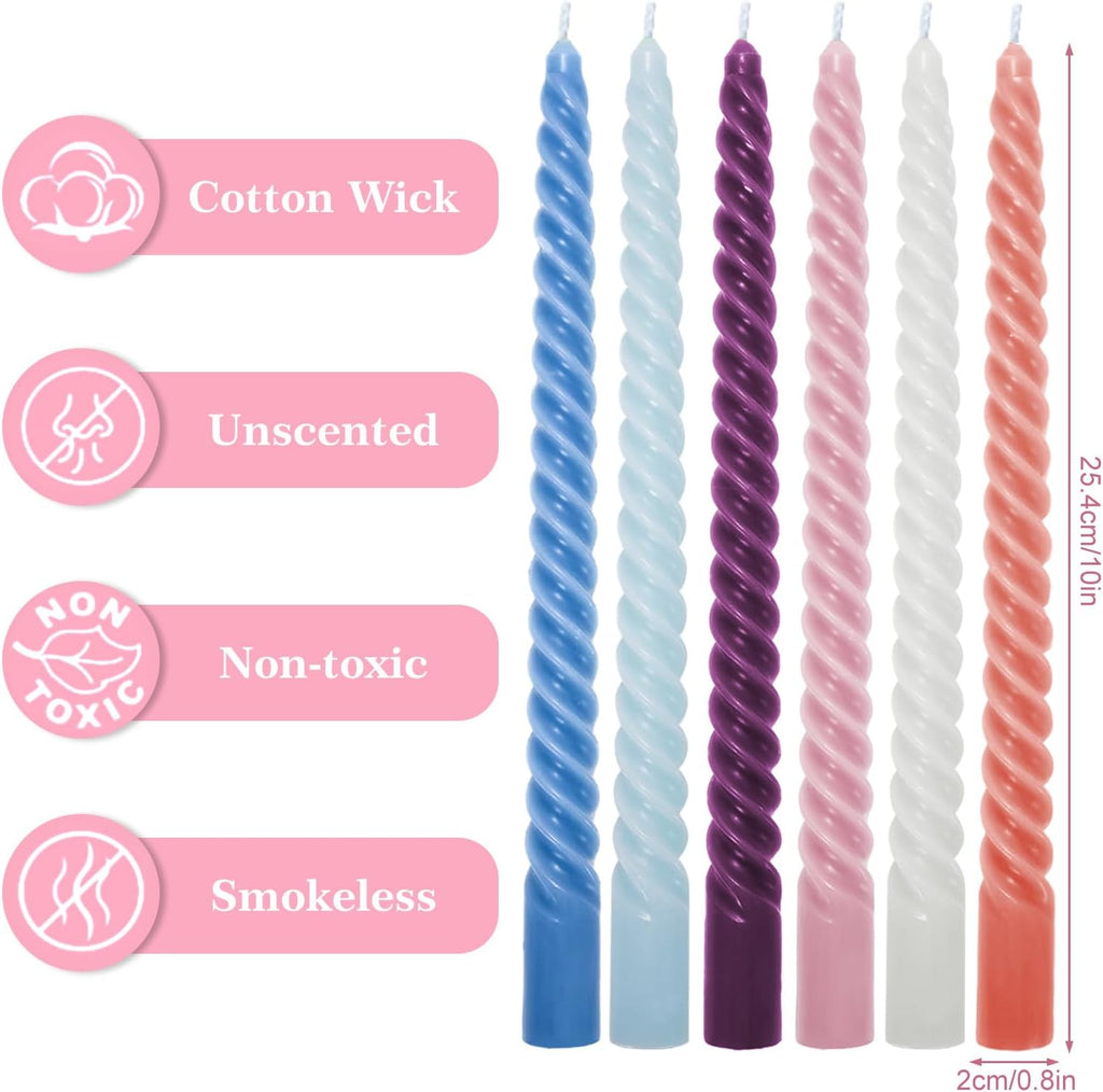 Whaline 12 Pcs 10 Inch Colored Spiral Taper Candles 12 Colors Dripless Twisted Wax Candles Long Unscented Candle Sticks for Holiday Celebration Display Home Decoration