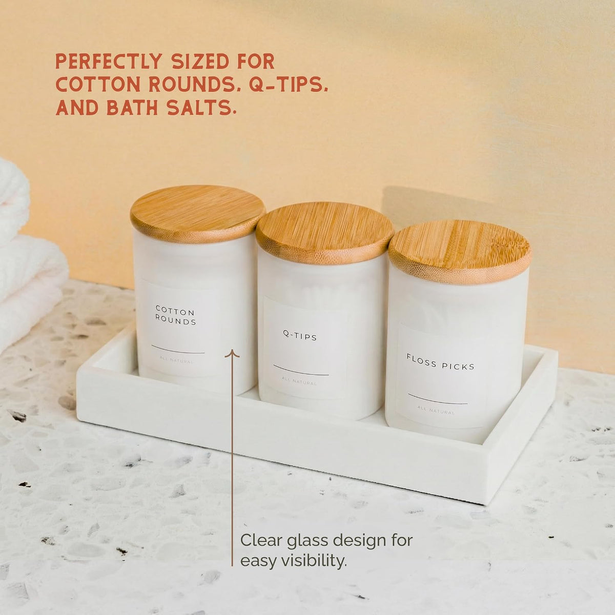 Vase and Vessel Mini Glass Apothecary Jars with Bamboo Lids, Small Bathroom and Kitchen Storage Containers, For Cotton Balls, Pads and Swabs, 10 oz, Set of 3, White