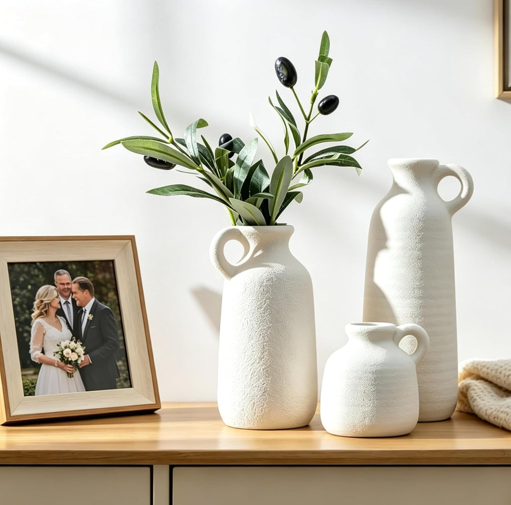 White Ceramic Vase Set of 3 with Handle, Waterproof Vases for Pampas Grass