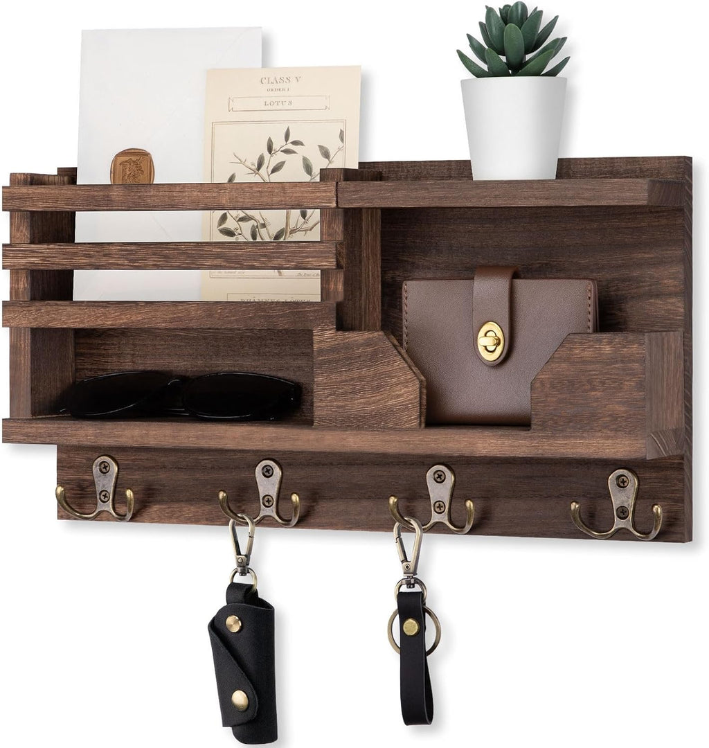 Lwenki Mail and Key Holder for Wall – Decorative 15.9” x 8.7” x 3.2” Entryway Organizer with Shelf – Paulownia Wood with 4 Dual Hooks Includes Mounting Hardware and Installation Guide