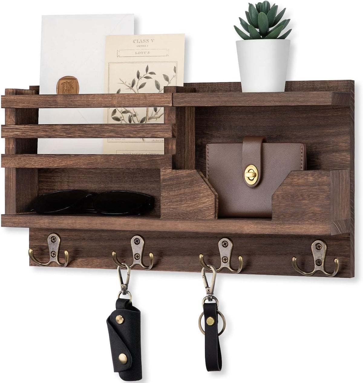 Lwenki Mail and Key Holder for Wall – Decorative 15.9” x 8.7” x 3.2” Entryway Organizer with Shelf – Paulownia Wood with 4 Dual Hooks Includes Mounting Hardware and Installation Guide