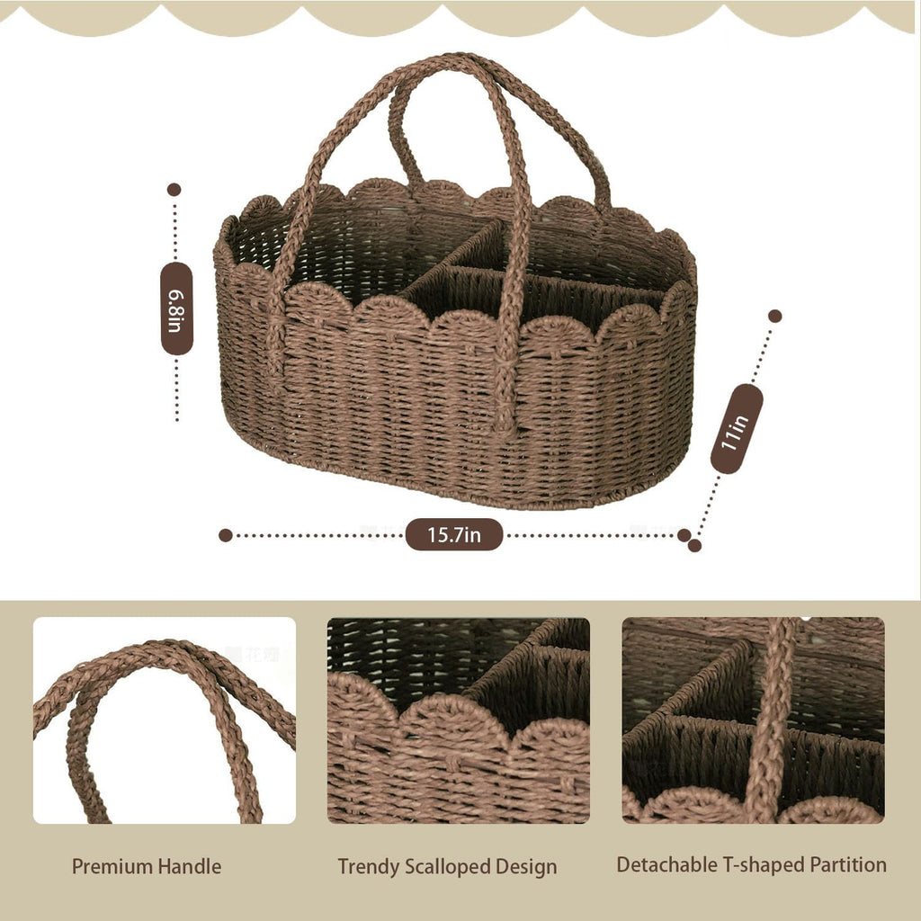 Diaper Caddy Organizer, Paper Rope Storage Baskets Nursery Bin with Removable Divider, Portable Car Organizer for Diapers, Baby Shower Gifts, Newborn Essentials Must Haves (Brown)