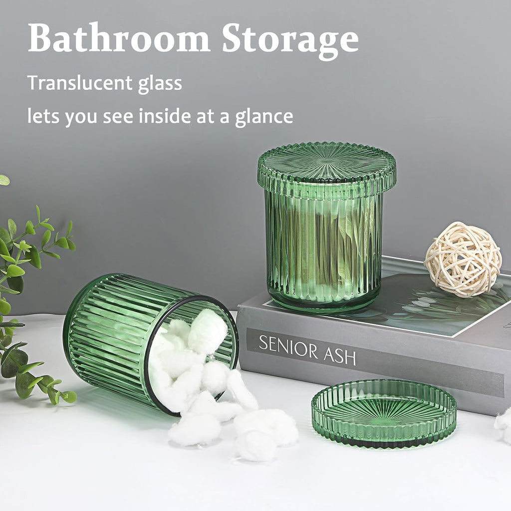 Hipiwe 2 Pcs Qtip Apothecary Jars with Lid Green Glass Bathroom Dispenser