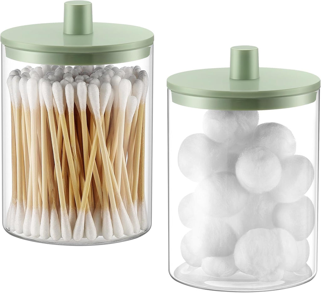 TIPGO Glass Qtip Holder Dispenser for Bathroom - 10 oz Clear Canister Apothecary Jar for Cotton Swabs, Balls, Pads, Floss Picks, Small Containers for Makeup Storage Organizer (2 Pack, Green)