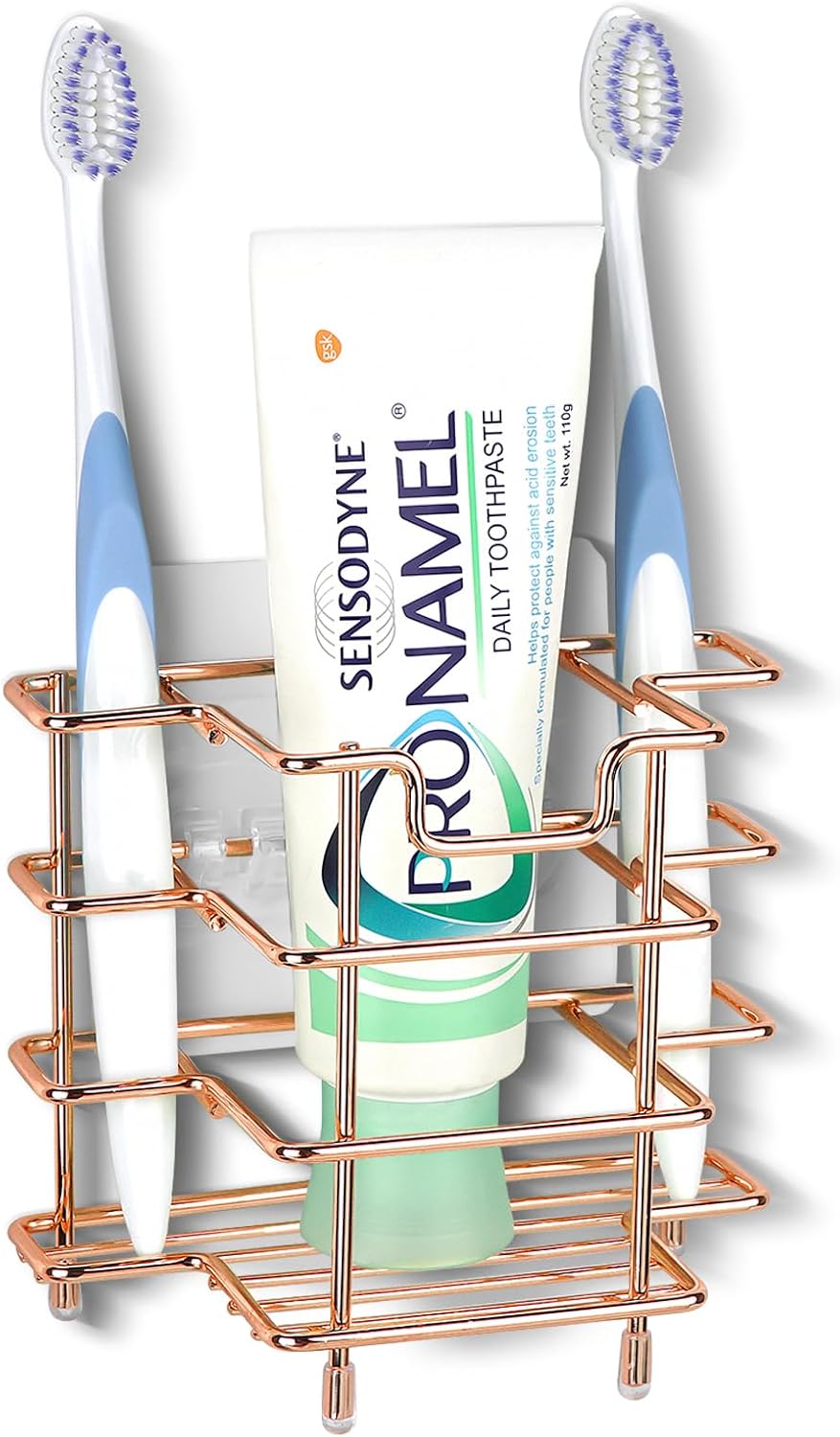 Linkidea Wall Mount/Countertop Toothbrush Holder for Shower, Stainless Steel Toothpaste Stand, 3 Slots Organizer Compatible with Colgate Extra Clean, Oral-B CrossAction (Rose Gold)