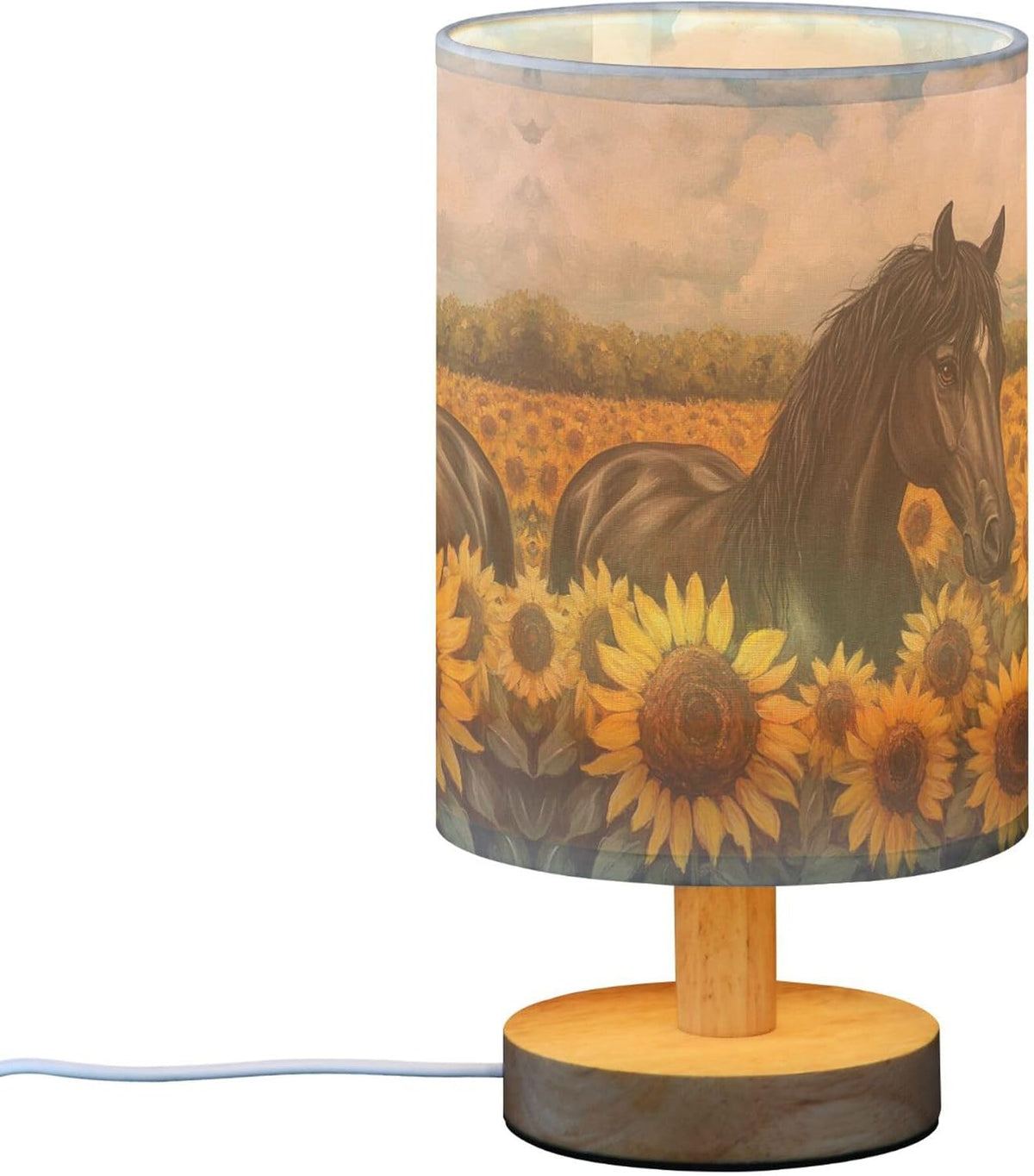 Horse in Sunflower Field Table Lamp with Wood Base Fabric Lamp Shade Bedside Nightstand Desk Lamp for Living Room Bedroom Kids Room Office