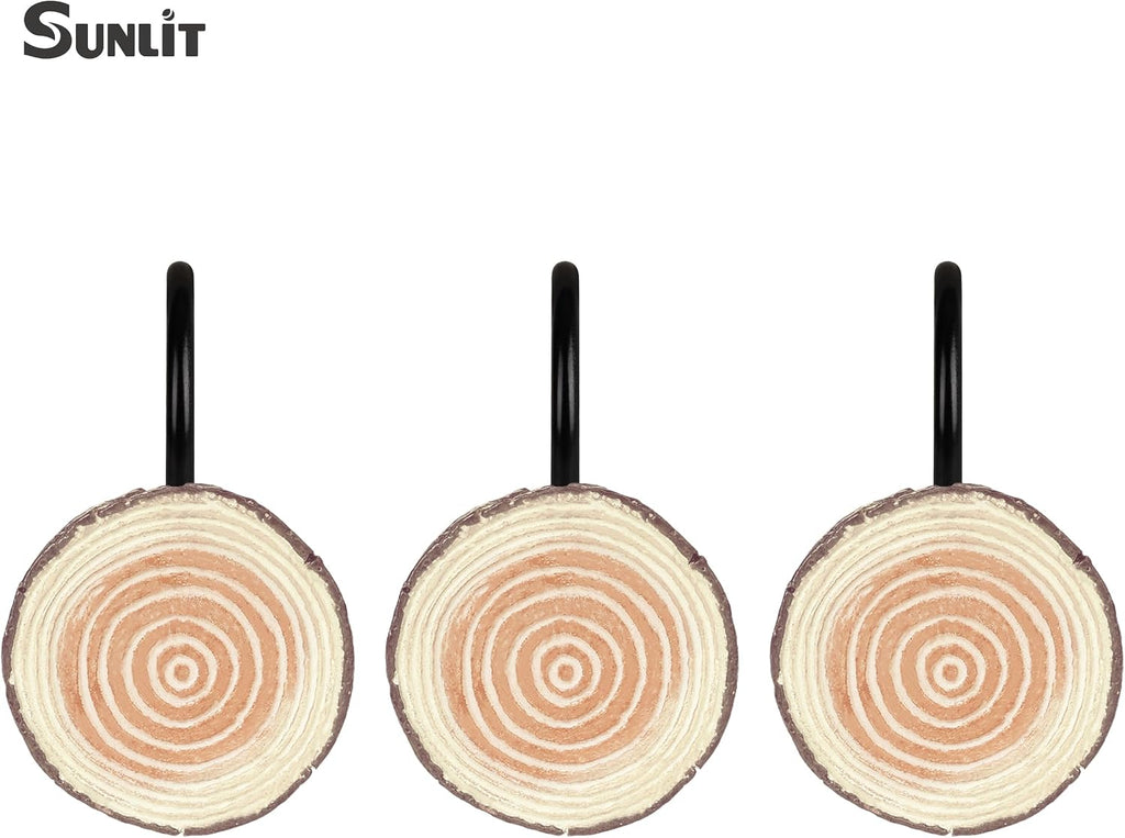 Sunlit Farmhouse Wooden Slices Shower Curtain Hooks, Rustic Home Decorative Shower Curtain Rings with Black Hooks for Bathroom, Resin Shower Curtain Hangers Bathroom Accessories, Set of 12, Brown