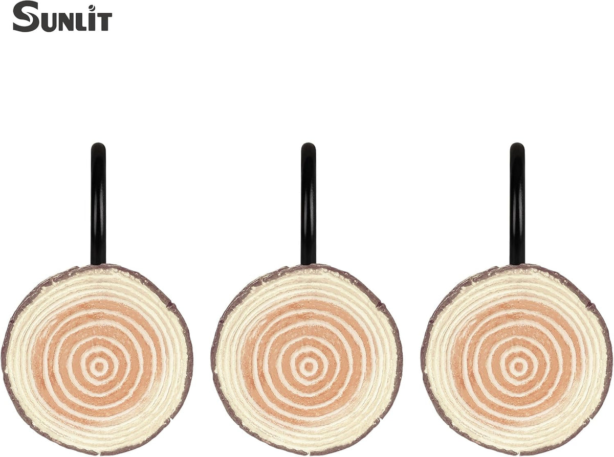 Sunlit Farmhouse Wooden Slices Shower Curtain Hooks, Rustic Home Decorative Shower Curtain Rings with Black Hooks for Bathroom, Resin Shower Curtain Hangers Bathroom Accessories, Set of 12, Brown
