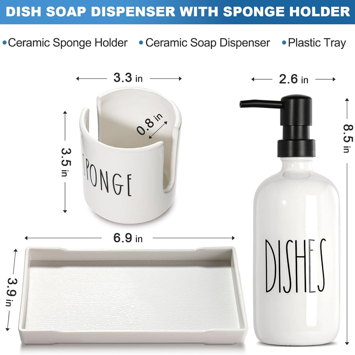 Dish Soap Dispenser for Kitchen, Ceramic Dish Soap Dispenser with Sponge Holder, White Dispenser Set with Tray, 3 in 1 Countertop Sink Organizer, Farmhouse Modern Kitchen Decor