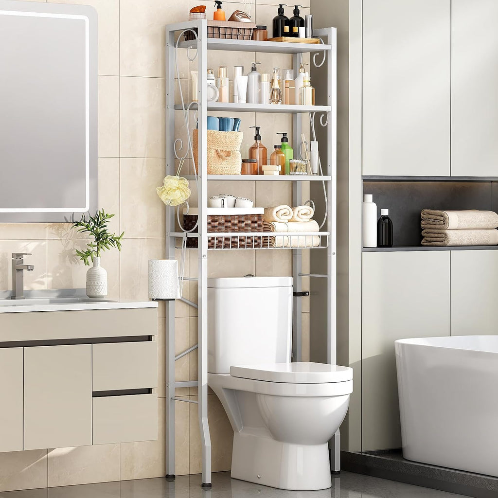 Over-The-Toilet Storage Rack 4-Tier,Bathroom Organizer Shelf Over Toilet,Adjustable Wooden Shelves and Basket,Freestanding Above Toilet Shelve,Space Saver for Rooms(White Rack-White Shelves)