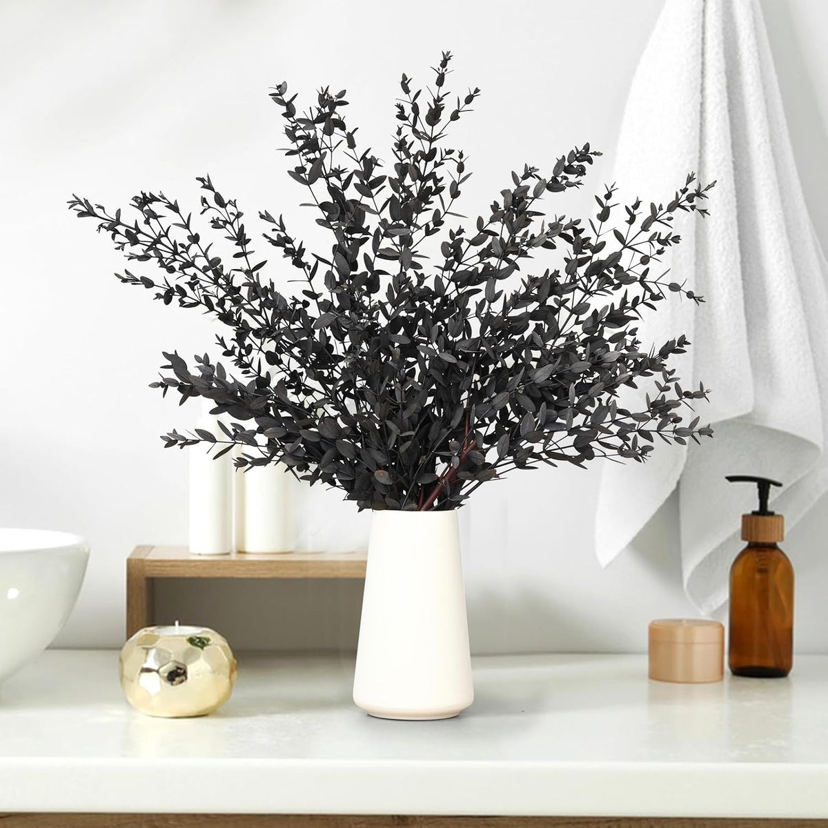 Dried Eucalyptus Leaves Stems, Real Preserved Fresh Eucalyptus Plant for Shower, Small Dried Willow Branches Bundle for Wedding Wreath Party Home Fragrance Vase Bathroom Decor (Black, 3oz)