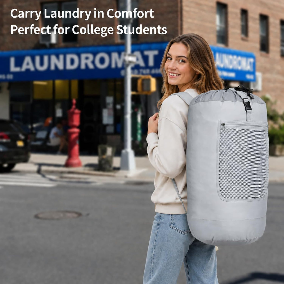 F-color Laundry Backpack for College, 75L Laundry Bag, Light Gray