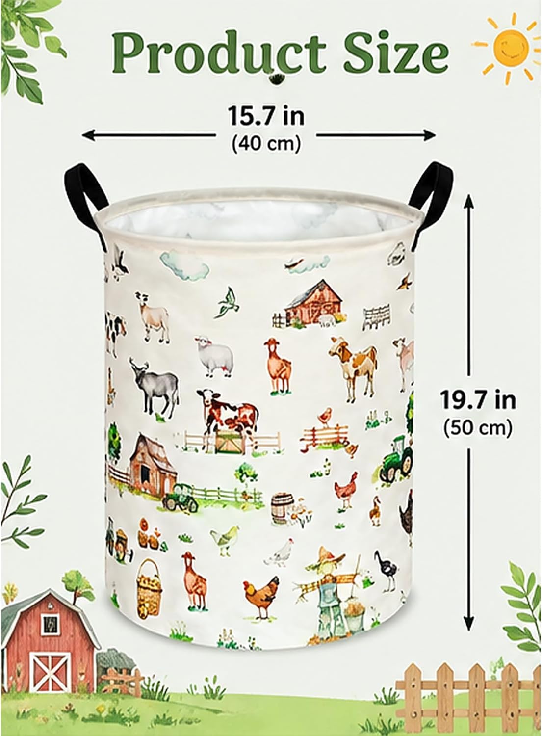 Farm Animal Laundry Hamper, Round Collapsible Laundry Basket with Handles, Cotton Linen Storage Bin for Clothes, Blankets, Toys, Bedroom, Dorm Room and Farmhouse Decor