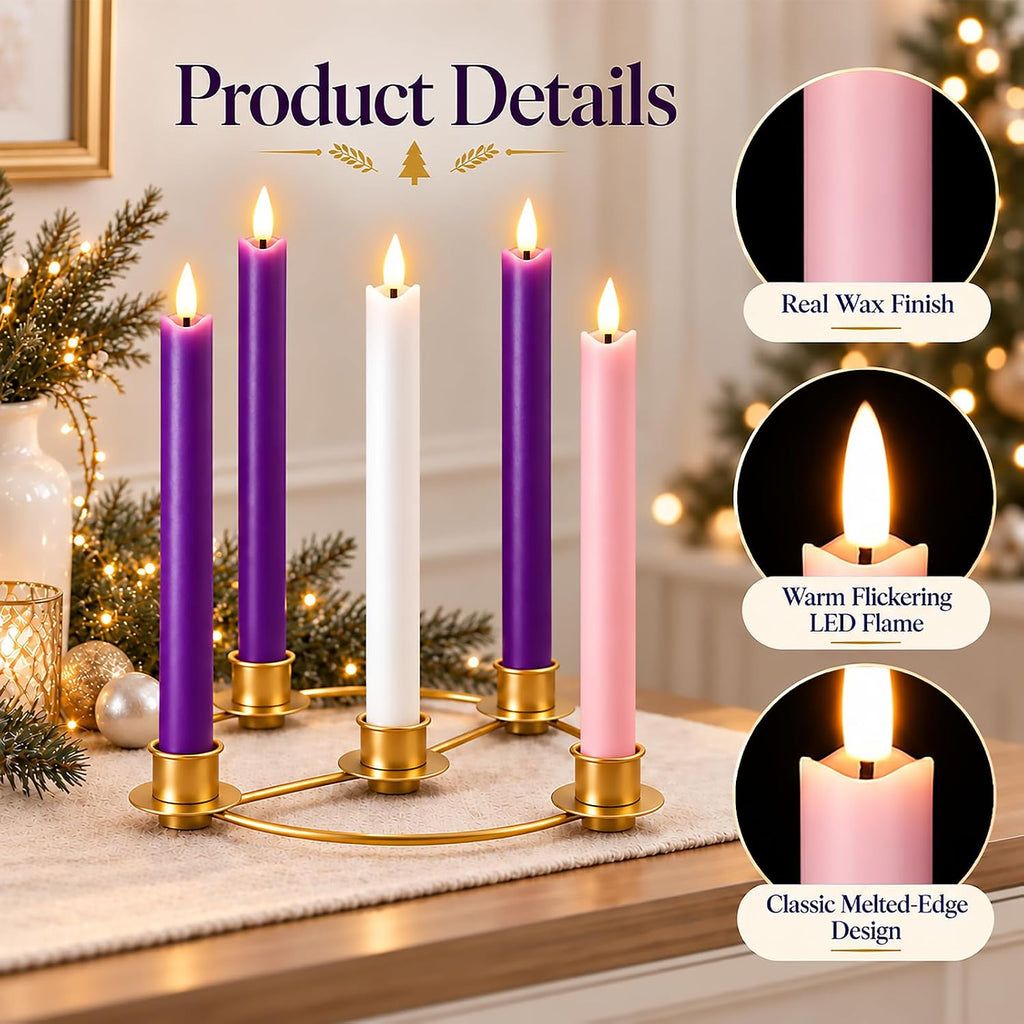 Flameless Advent Candles, Real Wax LED Taper Candles for Advent Wreath